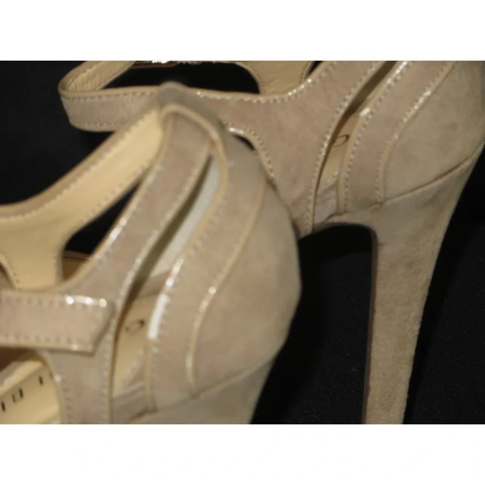 Gianni Bini Tan Suede Snakeskin Embossed Platform Stiletto Sandals Gold 6.5M - Picture 2 of 10